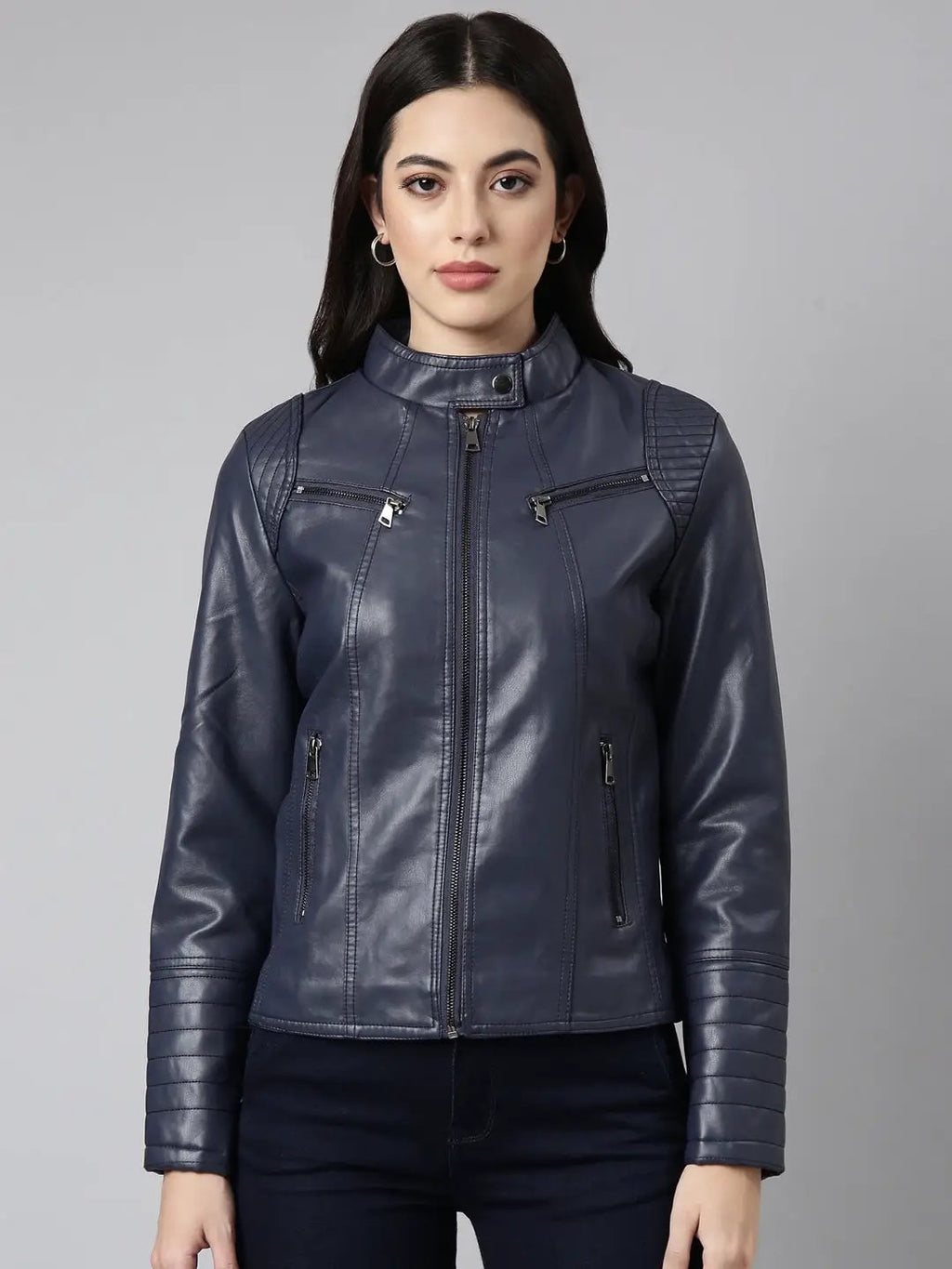 Women's Navy Blue Stand Collar Windcheater Biker Jacket