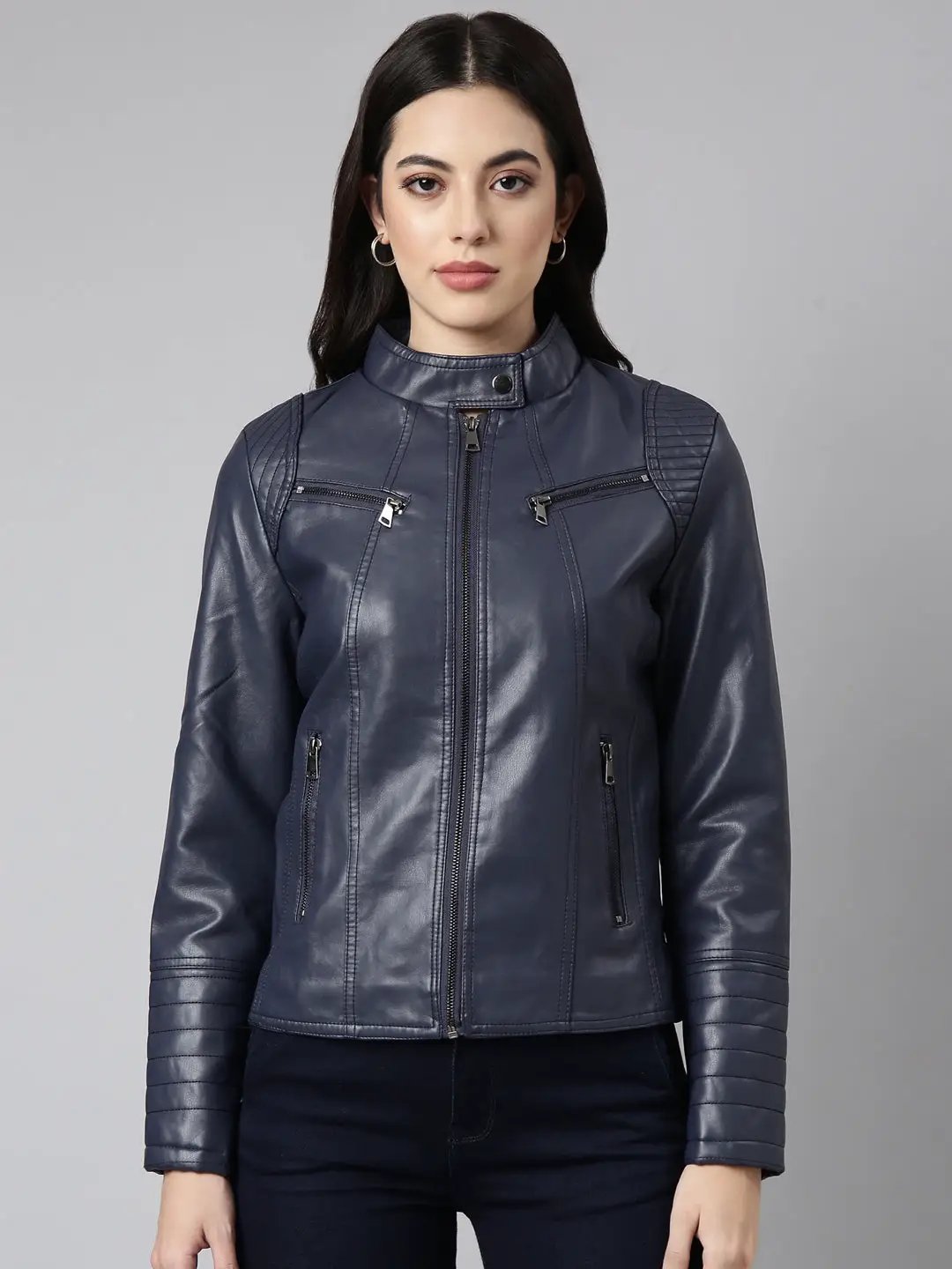 Women's Navy Blue Stand Collar Windcheater Biker Jacket