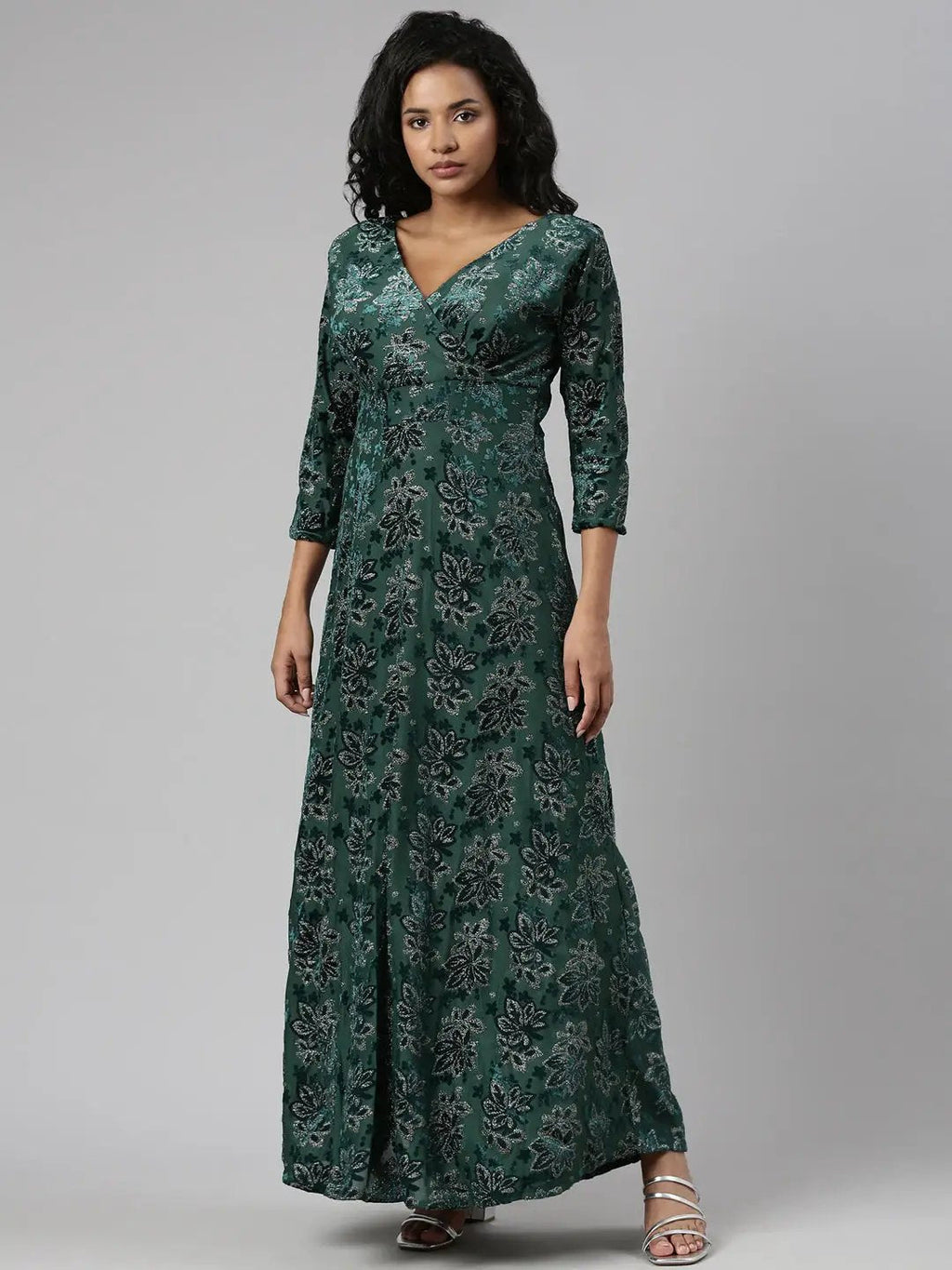 Women's Green Self Design V-Neck Empire Maxi Dress