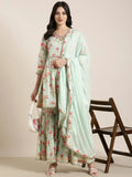 Women's Anarkali Sea Green Kurta Sets with Sharara & Dupatta