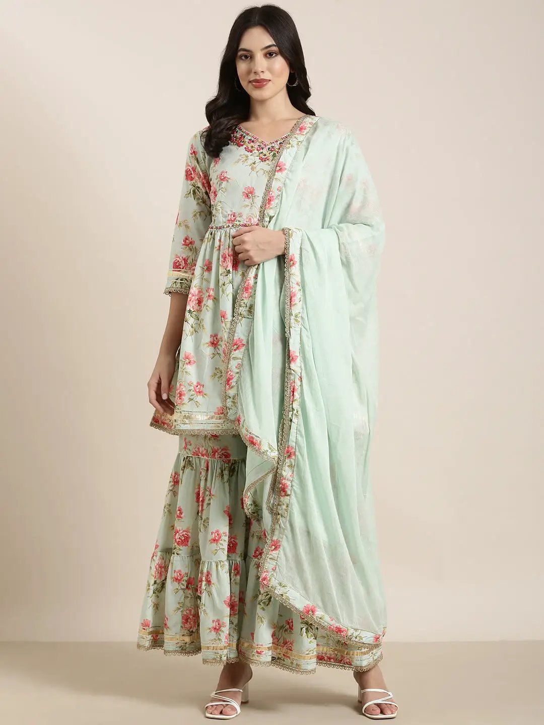 Women's Anarkali Sea Green Kurta Sets with Sharara & Dupatta