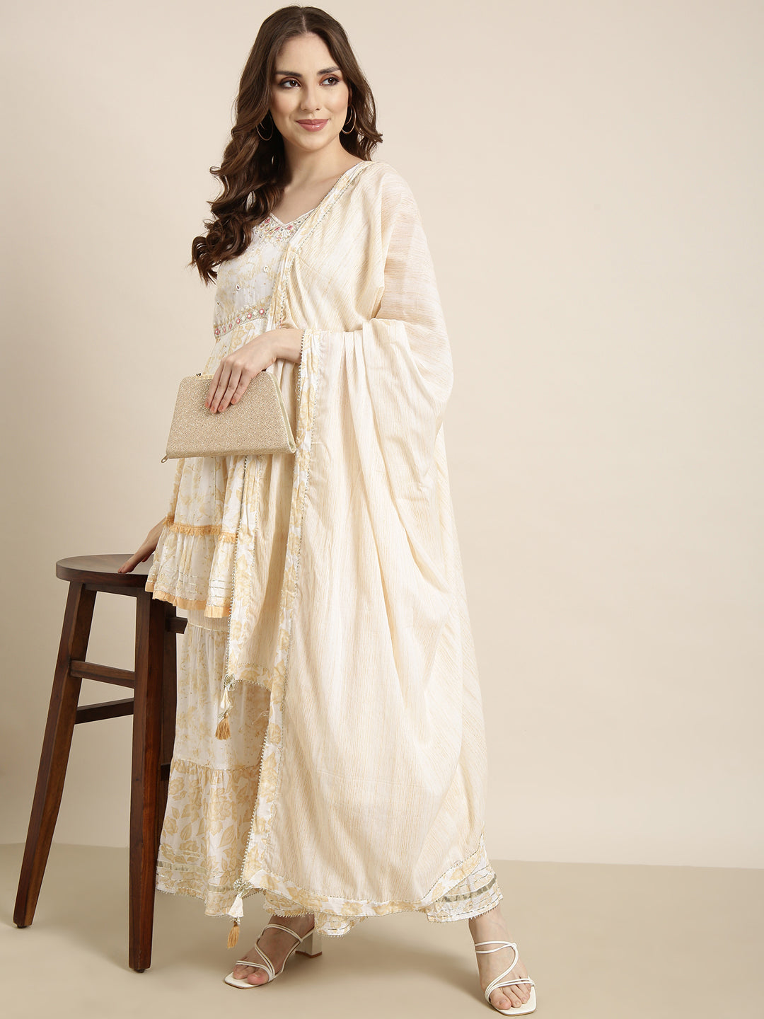 Women's A-Line Cream Floral Kurta Sets with Sharara & Dupatta