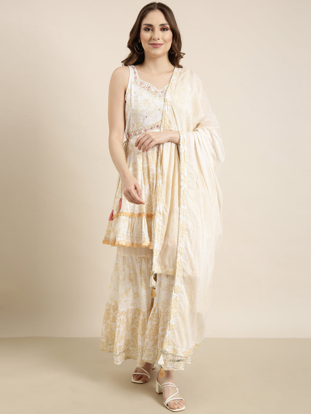 Women's A-Line Cream Floral Kurta Sets with Sharara & Dupatta