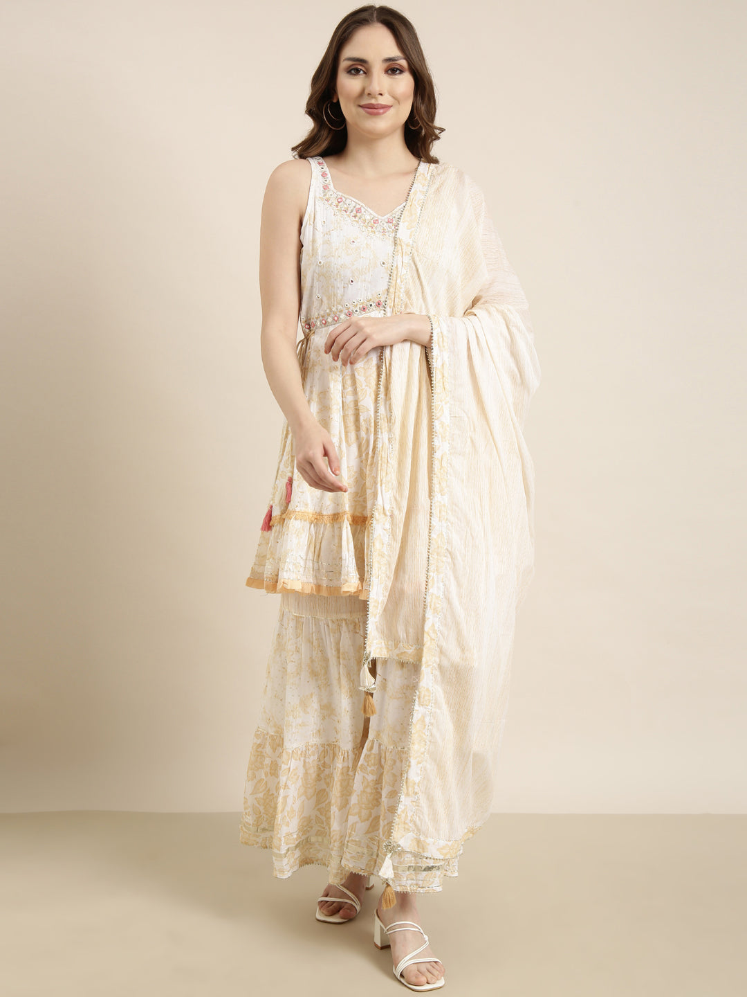 Women's A-Line Cream Floral Kurta Sets with Sharara & Dupatta
