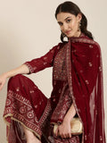 Women's Maroon Floral Embroidered Mirror Work Kurta Set With Dupatta