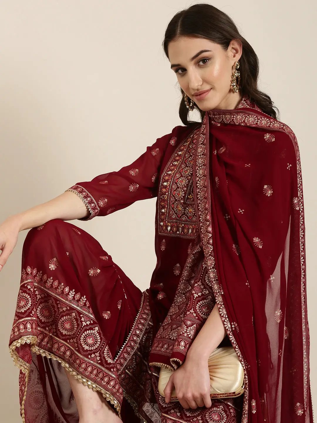 Women's Maroon Floral Embroidered Mirror Work Kurta Set With Dupatta