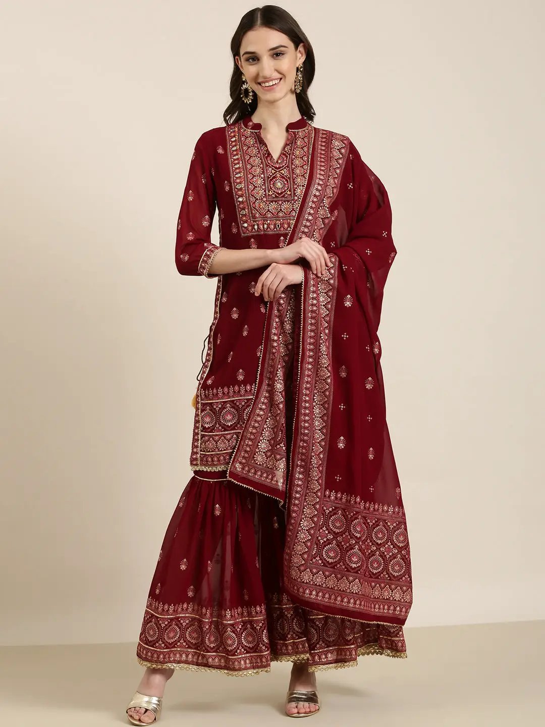 Women's Maroon Floral Embroidered Mirror Work Kurta Set With Dupatta