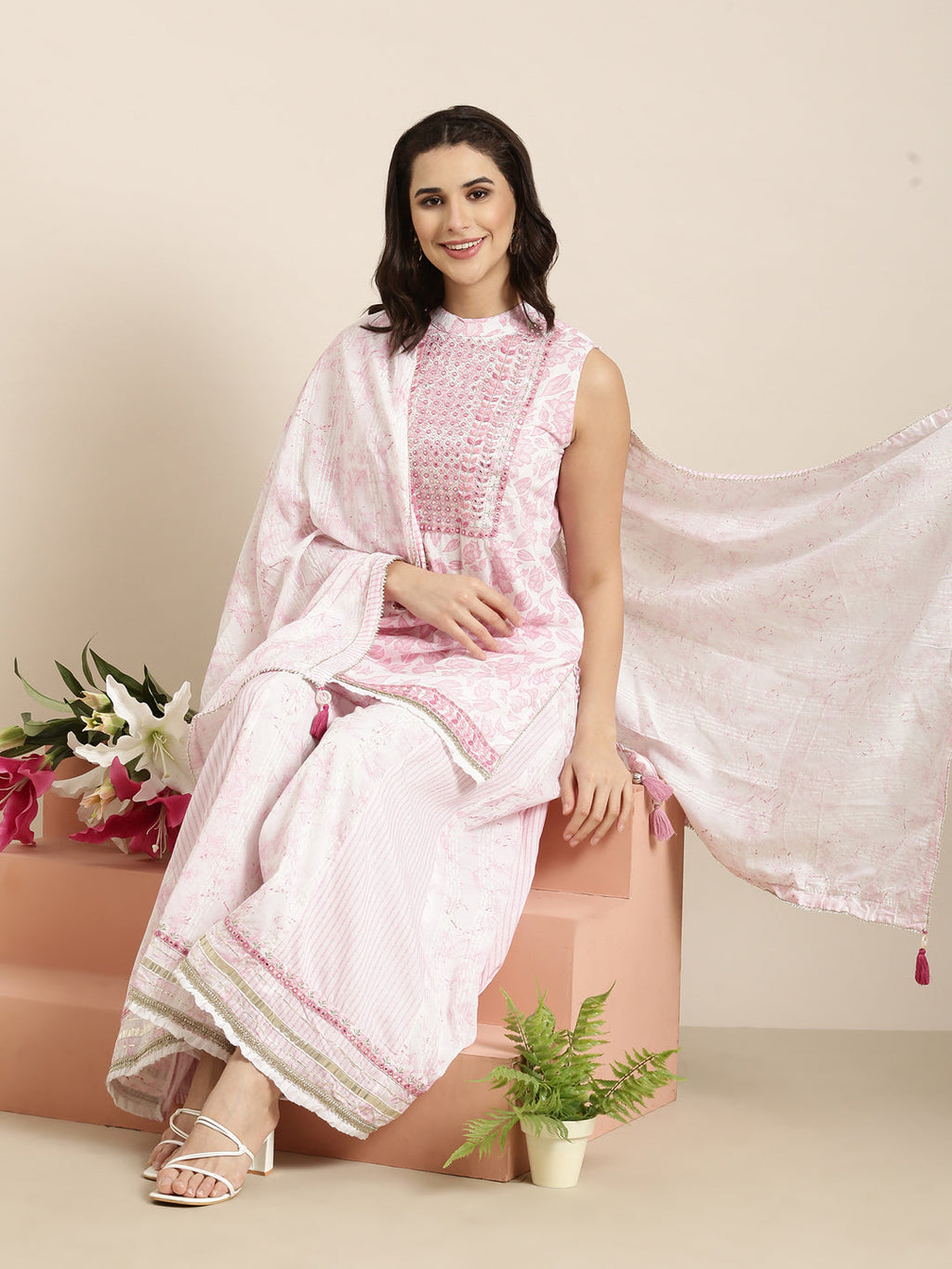 Women's Straight Pink Floral Kurta Sets with Palazzos & Dupatta