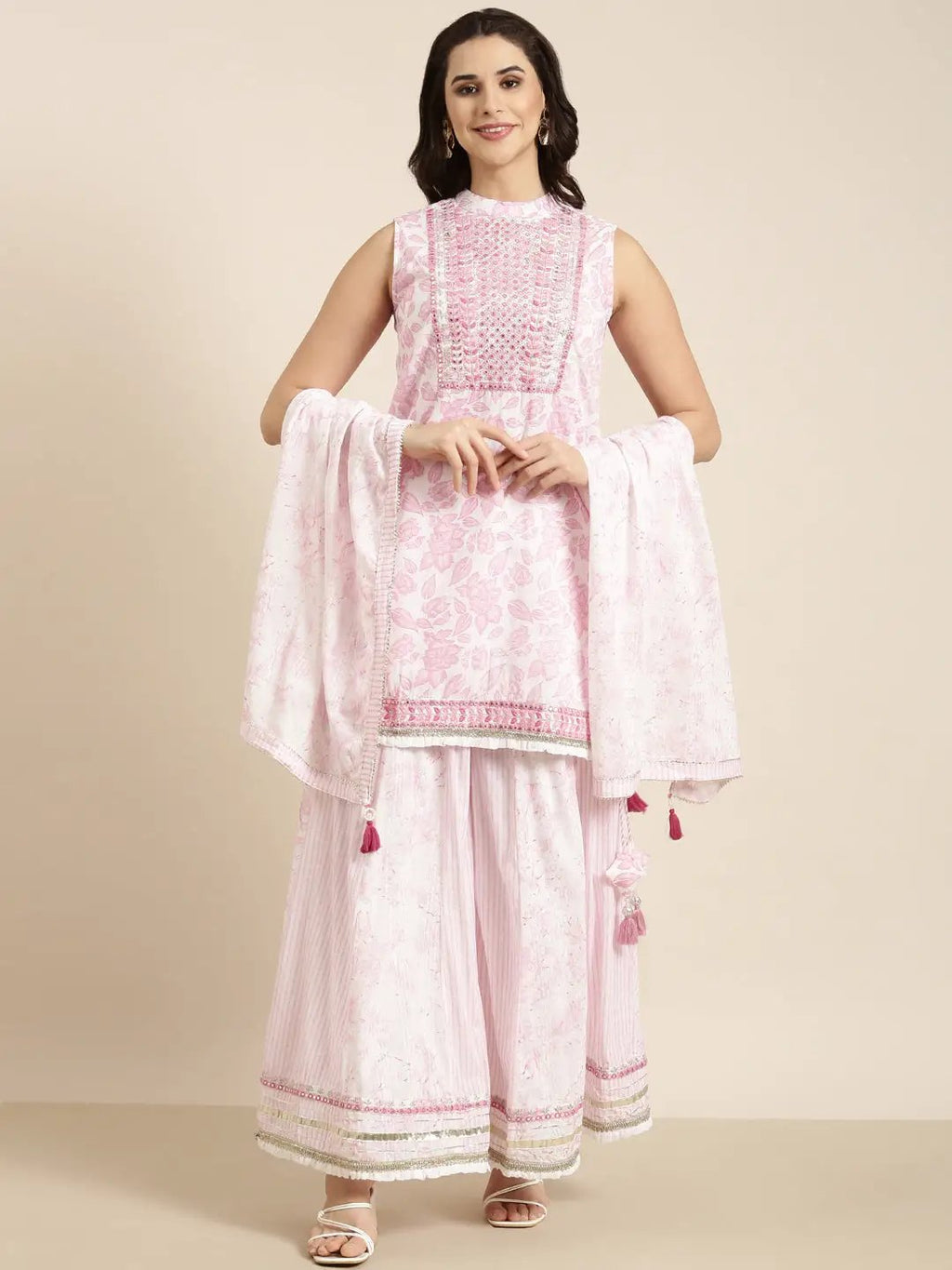Women's Straight Pink Floral Kurta Sets with Palazzos & Dupatta