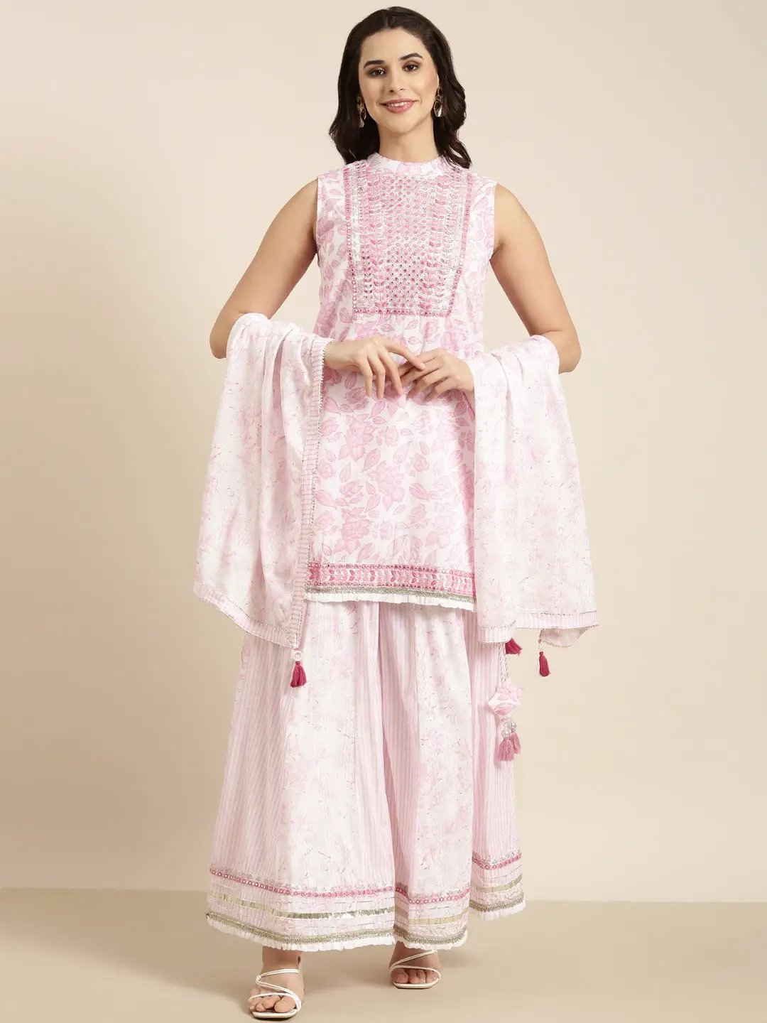 Women's Straight Pink Floral Kurta Sets with Palazzos & Dupatta