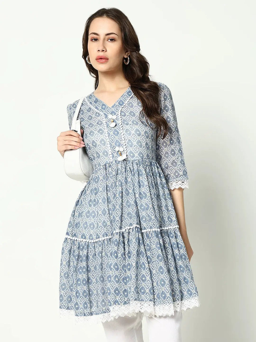 Women's V-Neck Printed Empire Blue Kurti