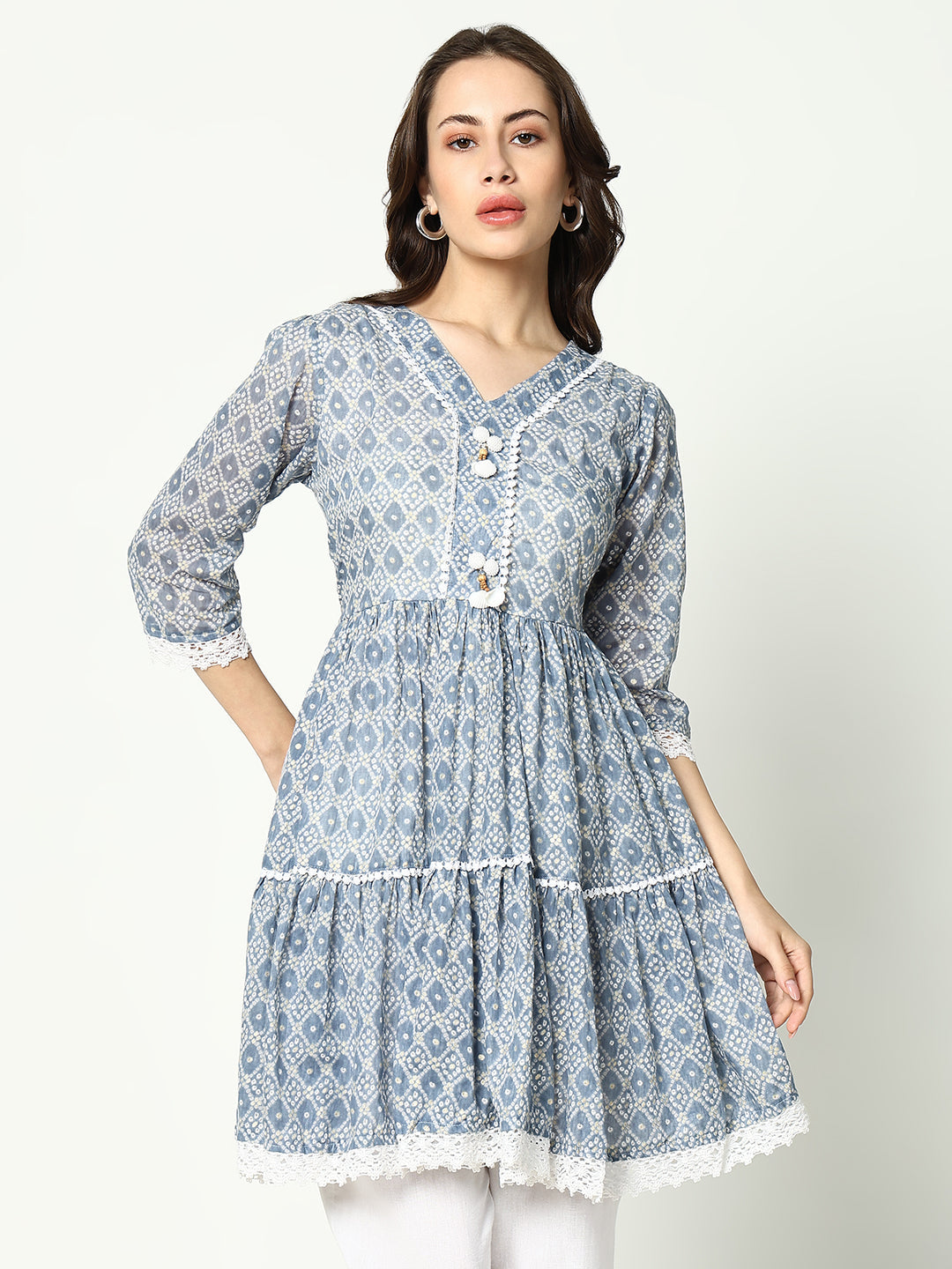 Women's V-Neck Printed Empire Blue Kurti
