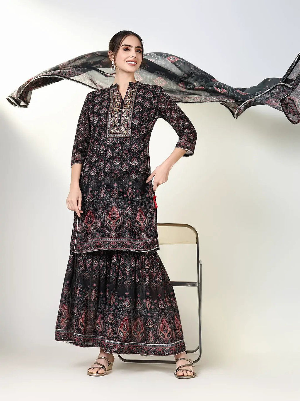 Women's Graphic Black Straight Kurta Set with Dupatta