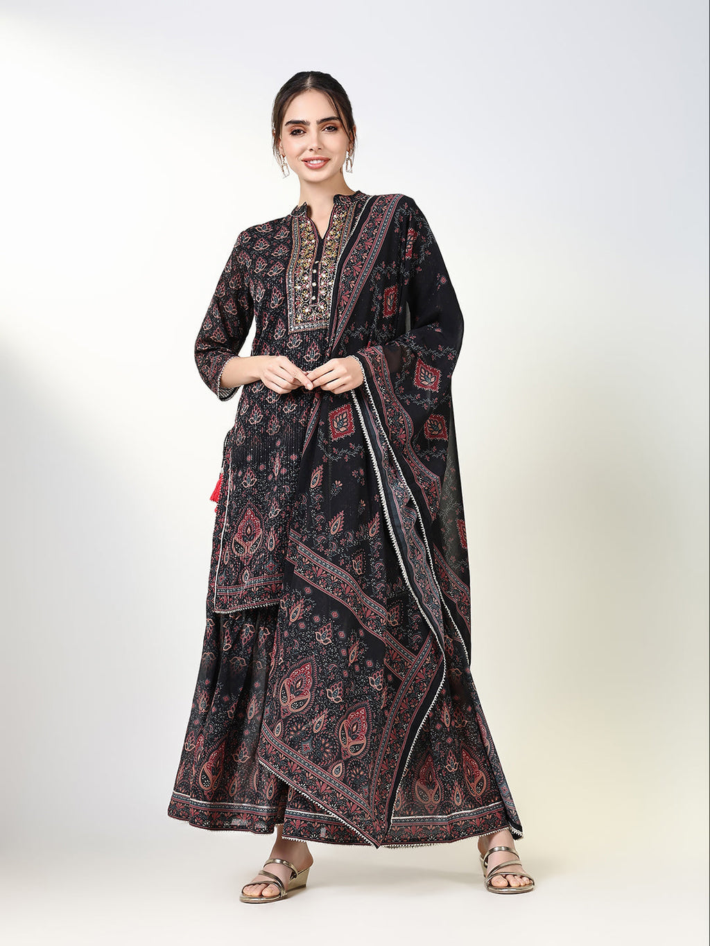 Women's Graphic Black Straight Kurta Set with Dupatta