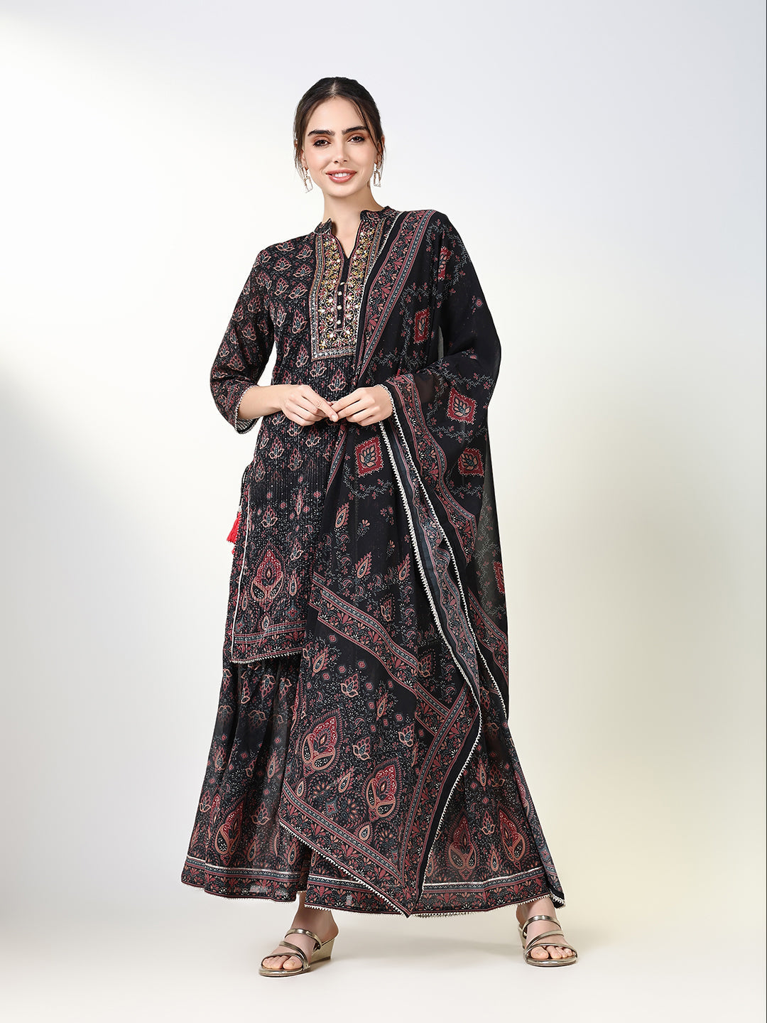 Women's Graphic Black Straight Kurta Set with Dupatta