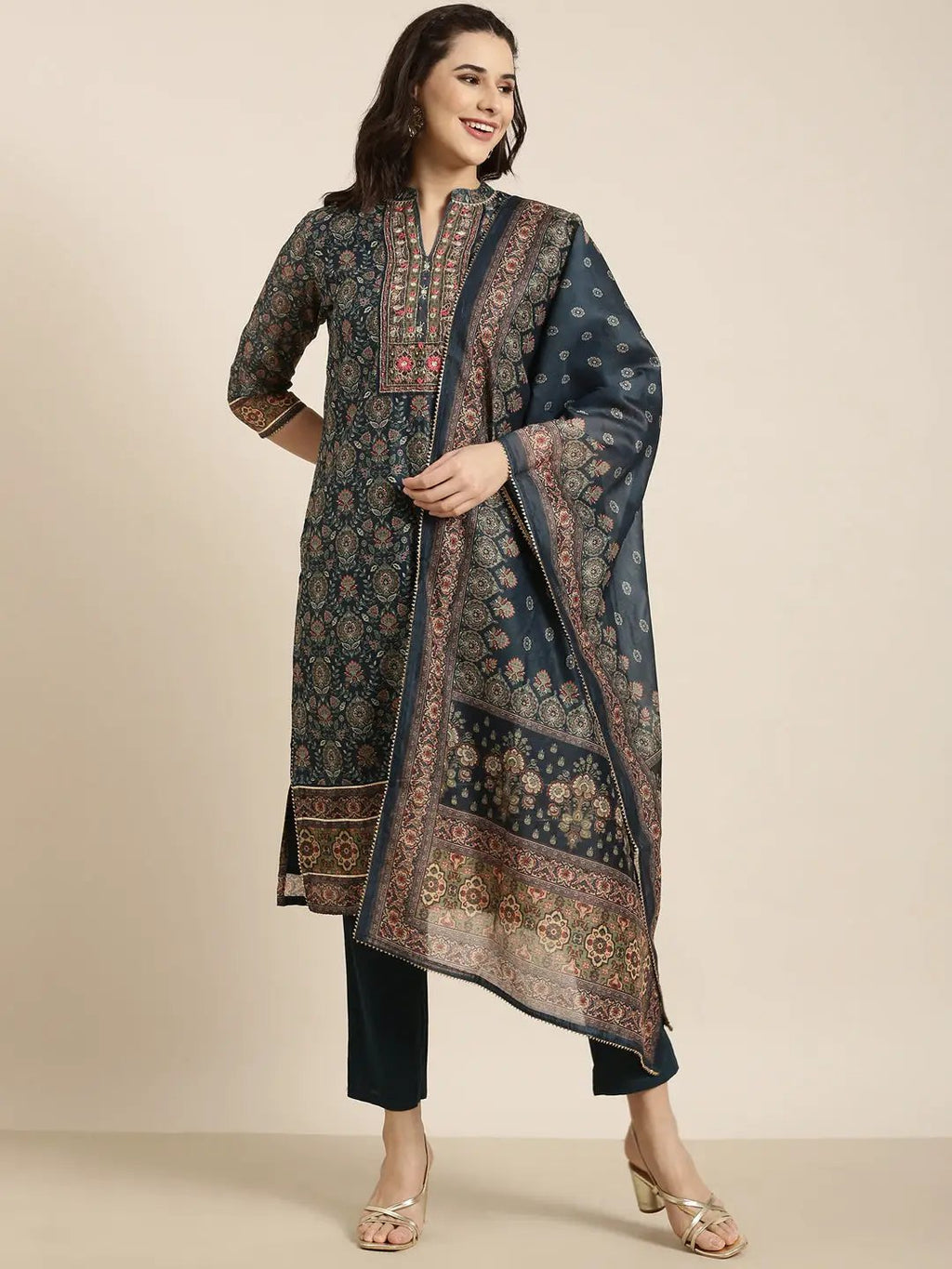 Women's Straight Teal Ethnic Motifs Kurta Sets with Trousers & Dupatta