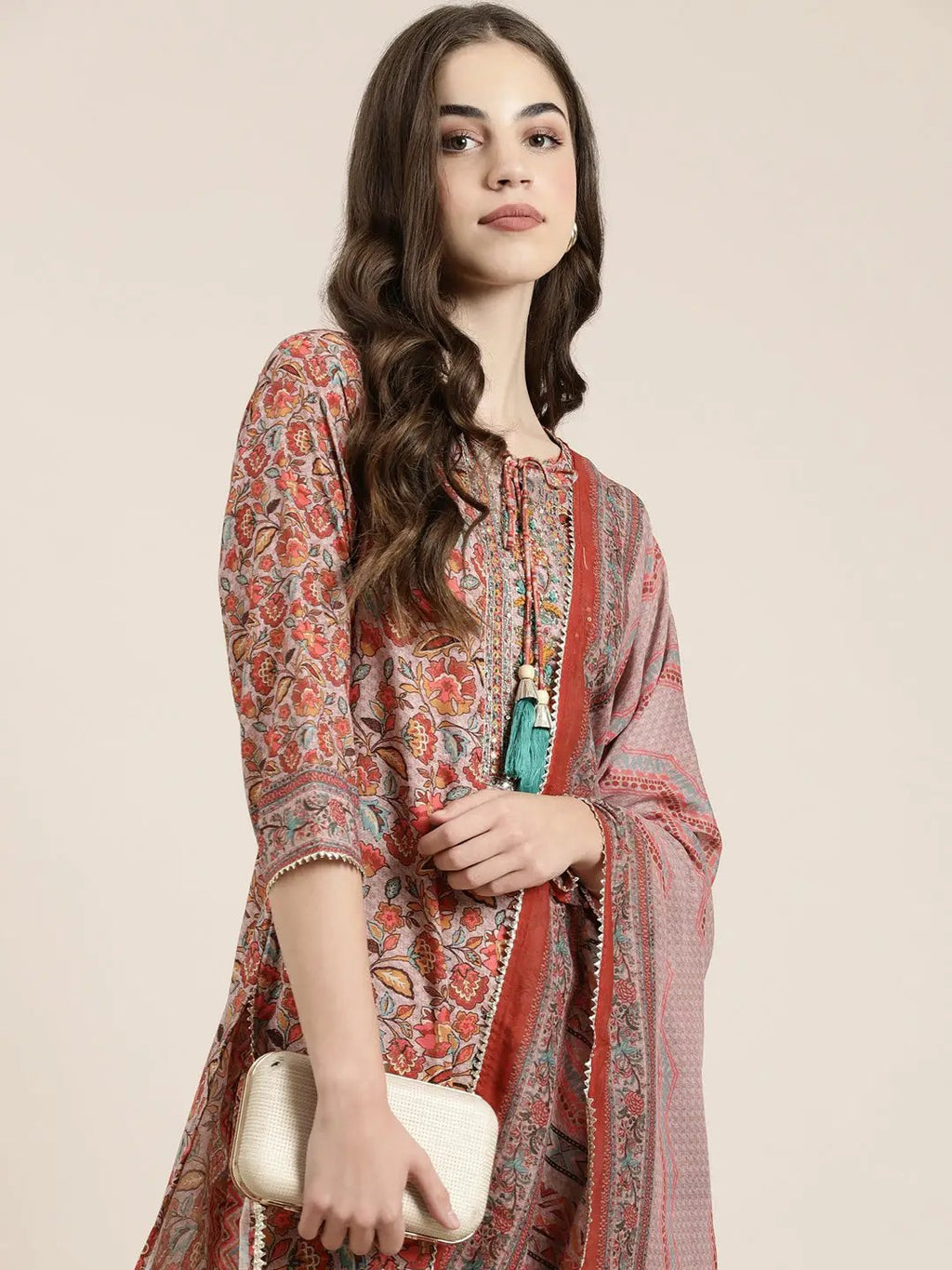 Women's Rust Floral Printed Regular Sequinned Kurta Set with Dupatta