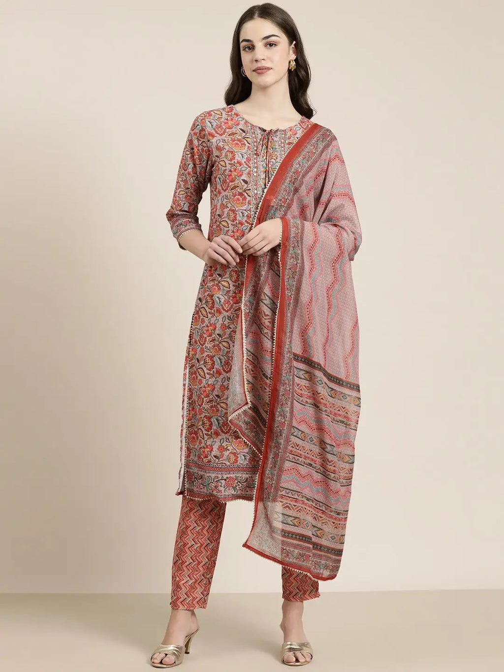 Women's Rust Floral Printed Regular Sequinned Kurta Set with Dupatta