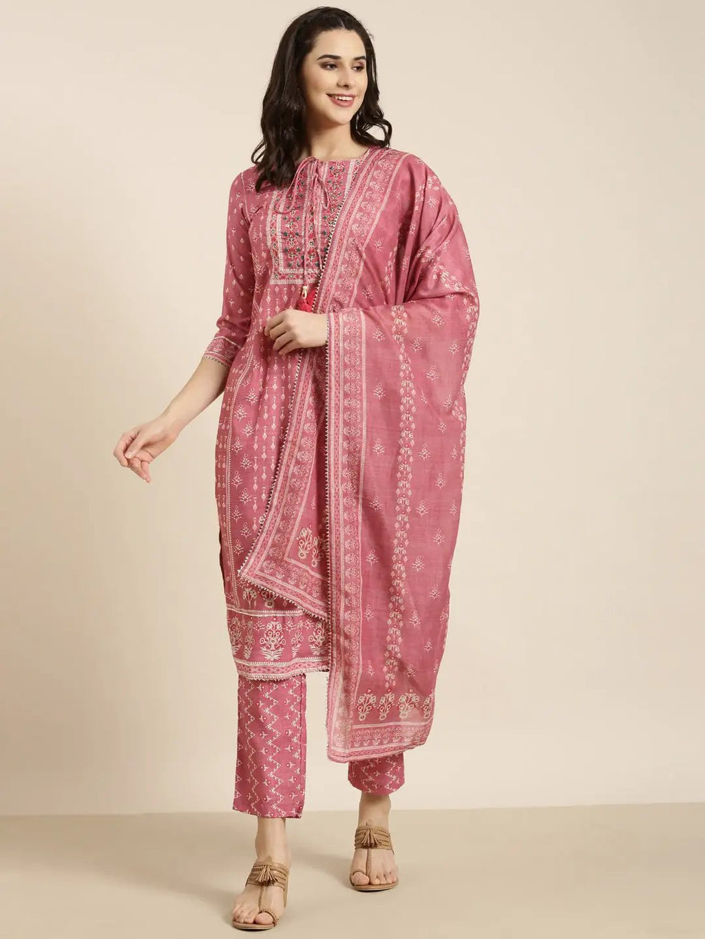 Women's Straight Pink Ethnic Motifs Kurta Sets with Trousers & Dupatta