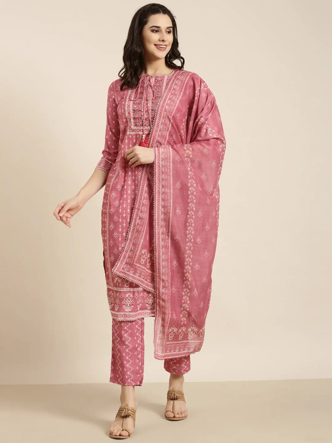 Women's Straight Pink Ethnic Motifs Kurta Sets with Trousers & Dupatta