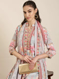 Women's Grey Floral Printed Gotta Patti Straight Kurta Set with Dupatta