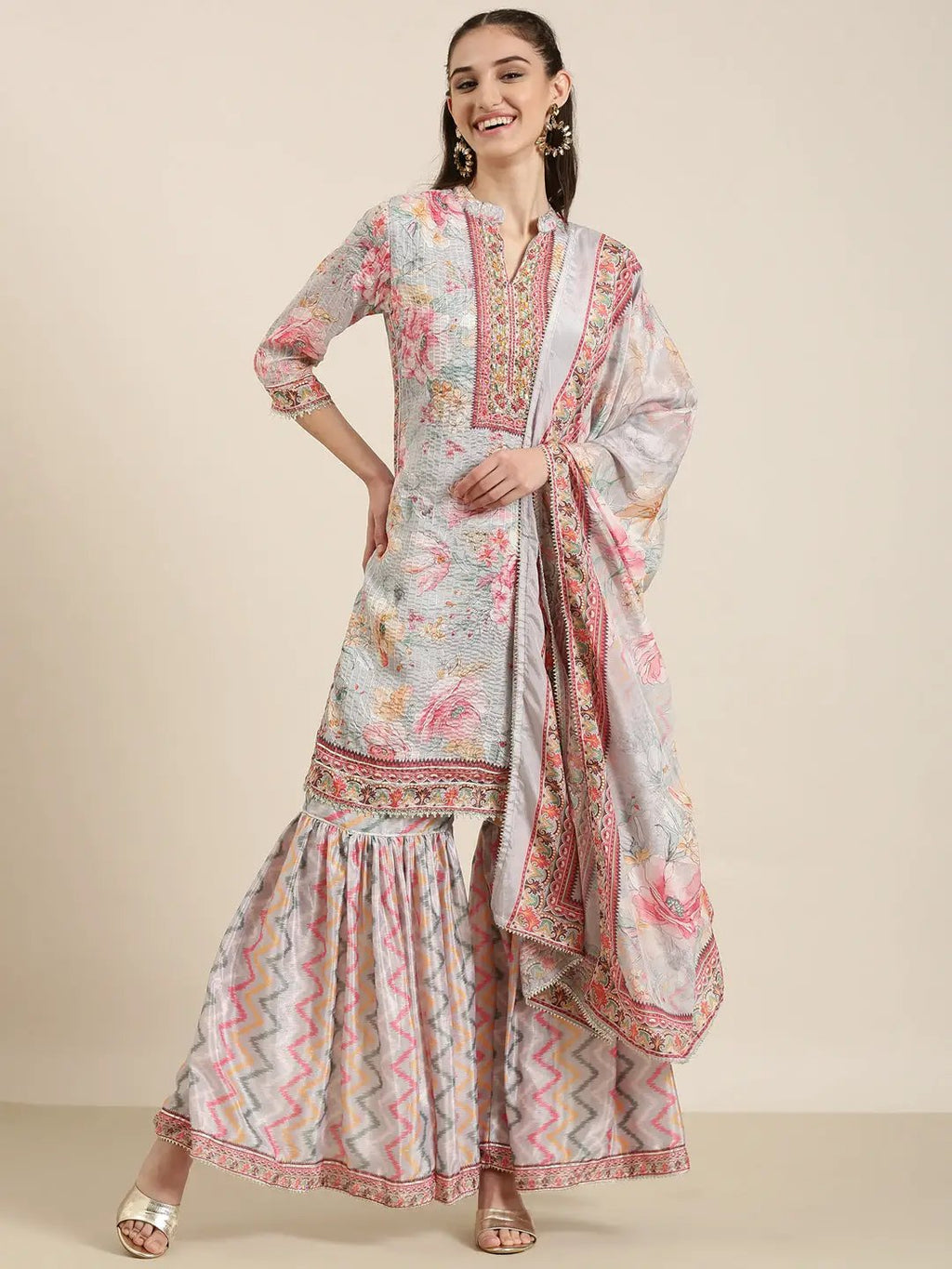 Women's Grey Floral Printed Gotta Patti Straight Kurta Set with Dupatta
