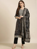 Women's A-Line Black Bandhani Kurta Sets with Trousers & Dupatta