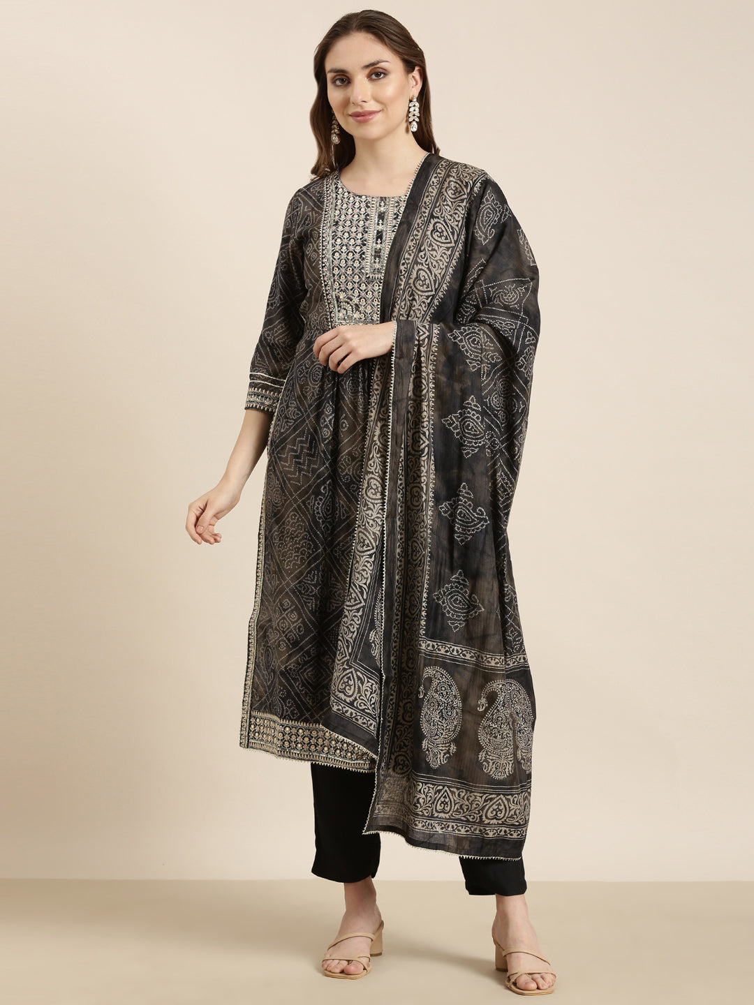 Women's A-Line Black Bandhani Kurta Sets with Trousers & Dupatta