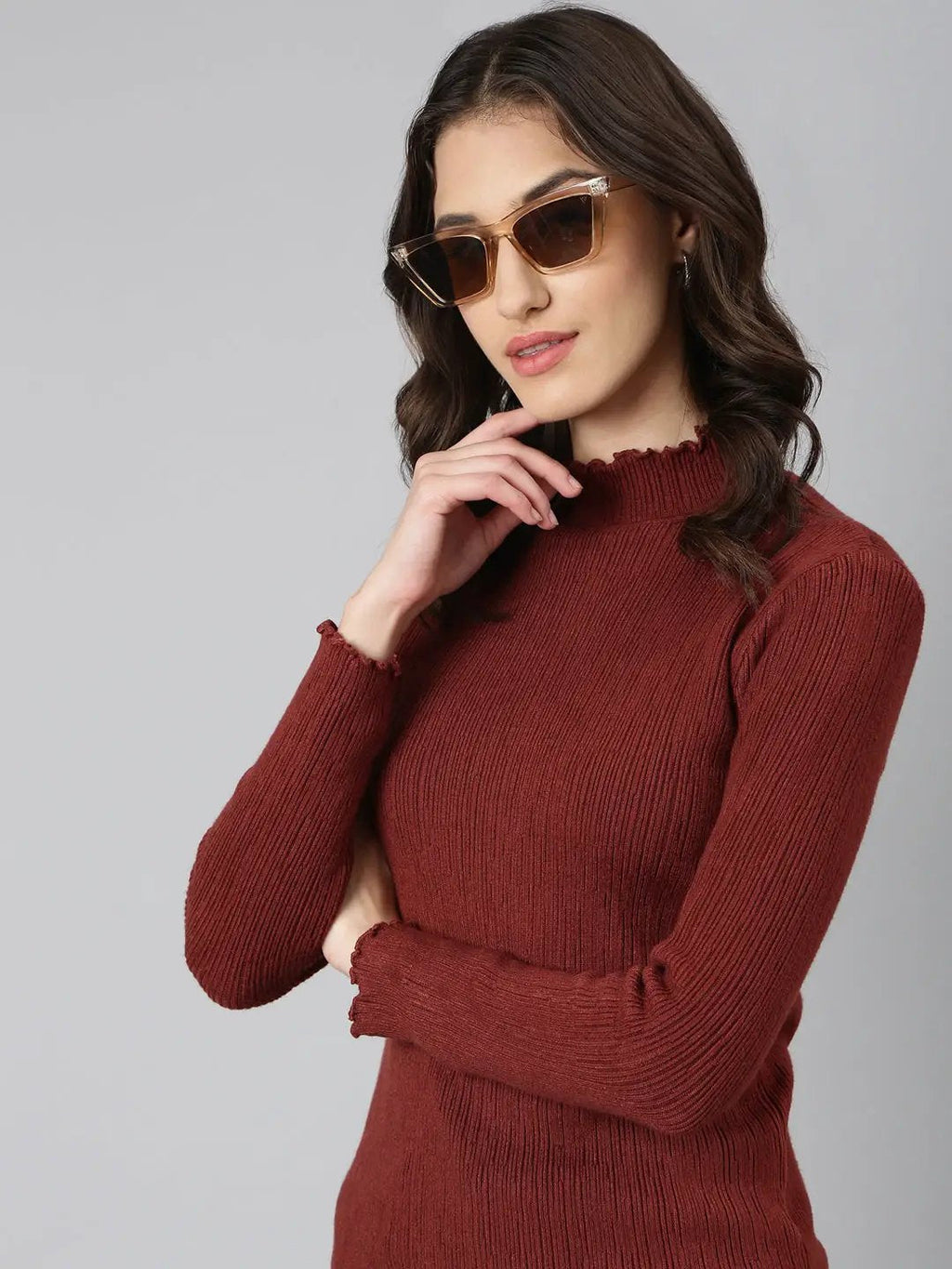 Women's Brown Mock Collar Self Design Pullover Acrylic Sweater