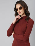 Women's Brown Mock Collar Self Design Pullover Acrylic Sweater