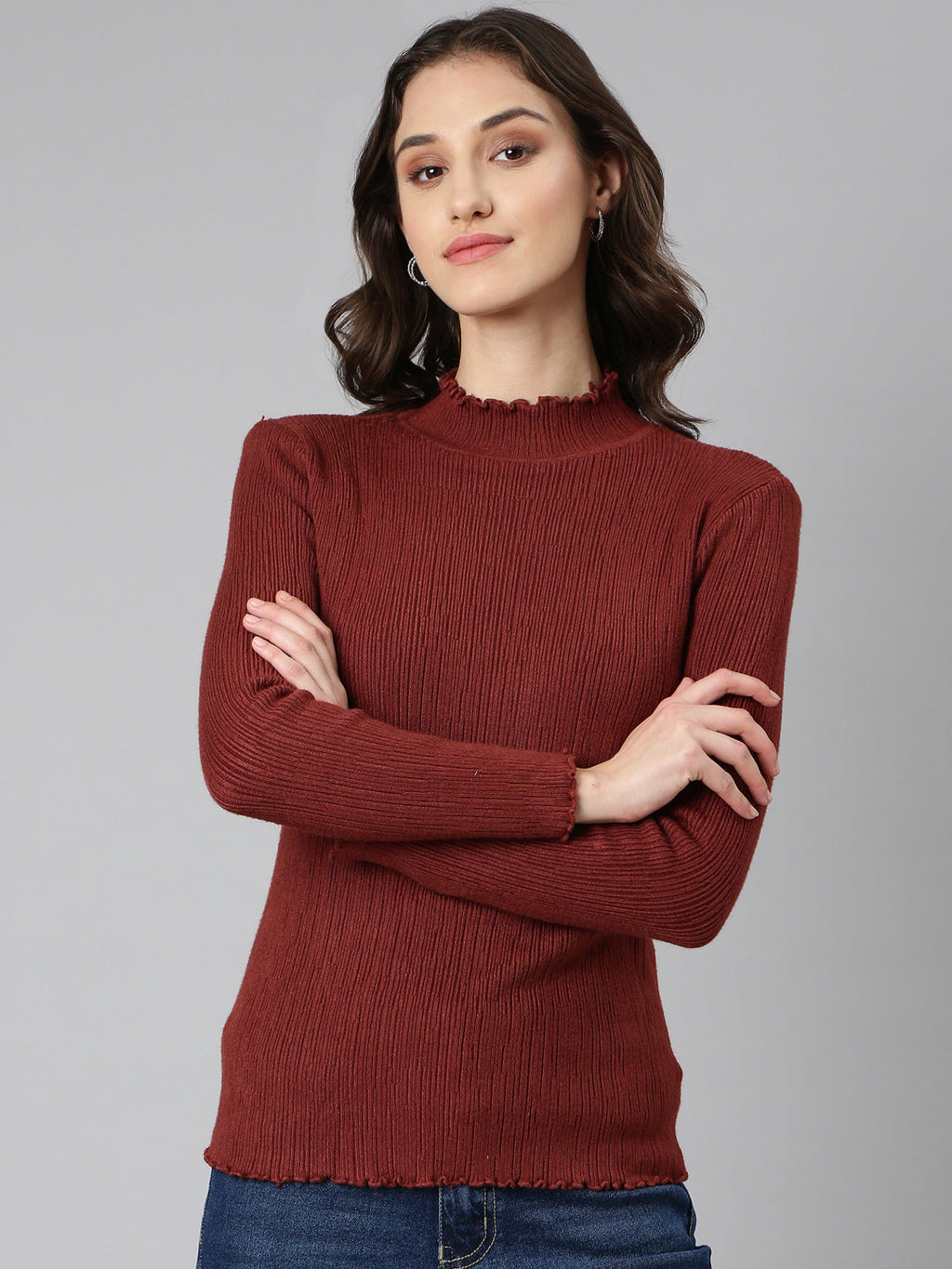 Women's Brown Mock Collar Self Design Pullover Acrylic Sweater