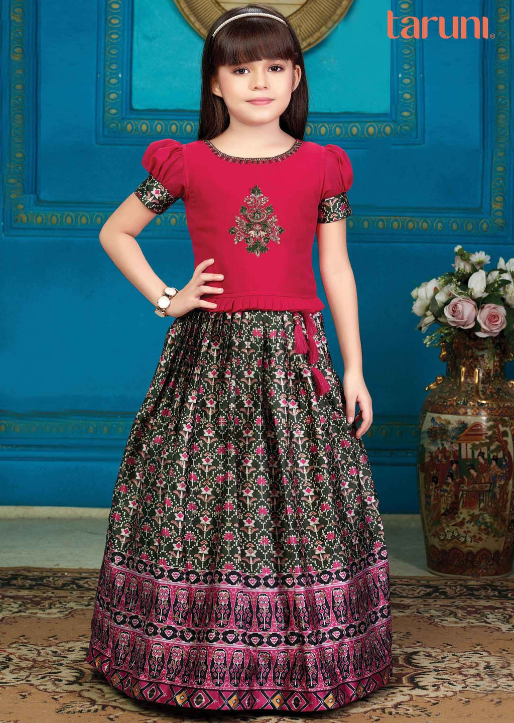 Rani Pink/Olive Green Silk/Satin Sequins Kidswear