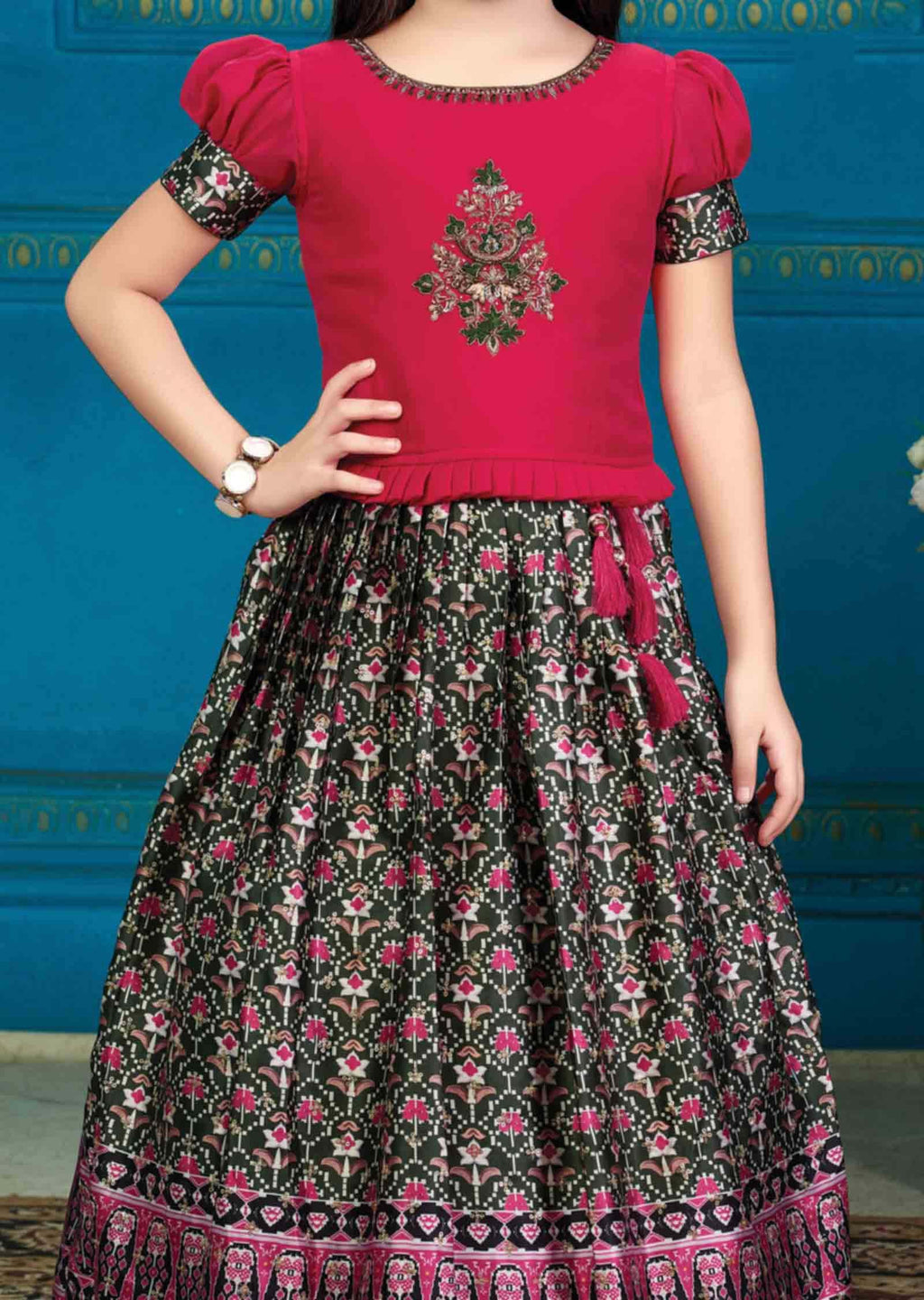 Rani Pink/Olive Green Silk/Satin Sequins Kidswear