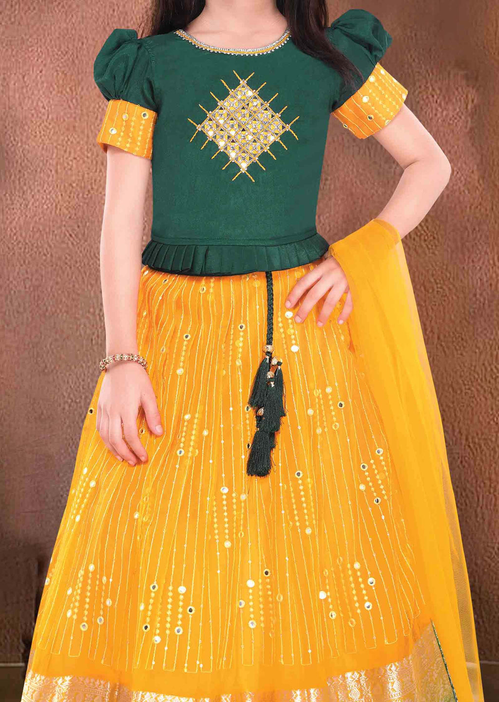 Green/Yellow Chinnon/Organza Sequins Kidswear