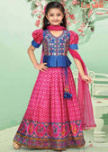 Blue / Rani Pink Silk Printed Kids lehenga