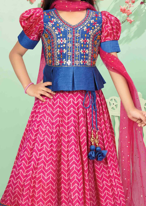 Blue / Rani Pink Silk Printed Kids lehenga