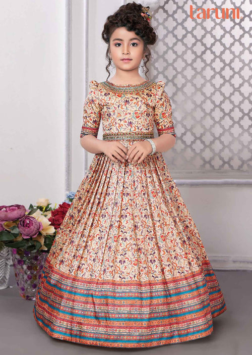 Beige Silk Sequins Kids Gown
