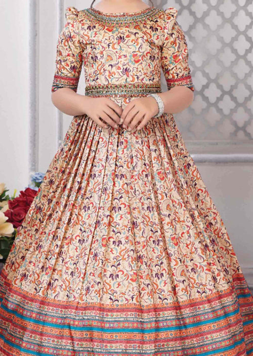 Beige Silk Sequins Kids Gown
