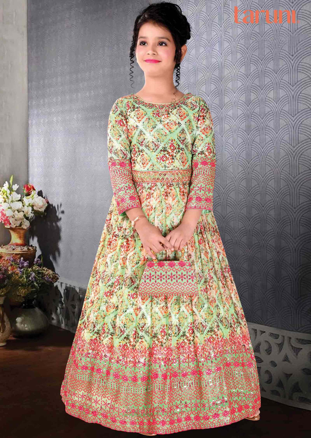Light Green Chiffon Zardosi & Embroidered Kids Gown