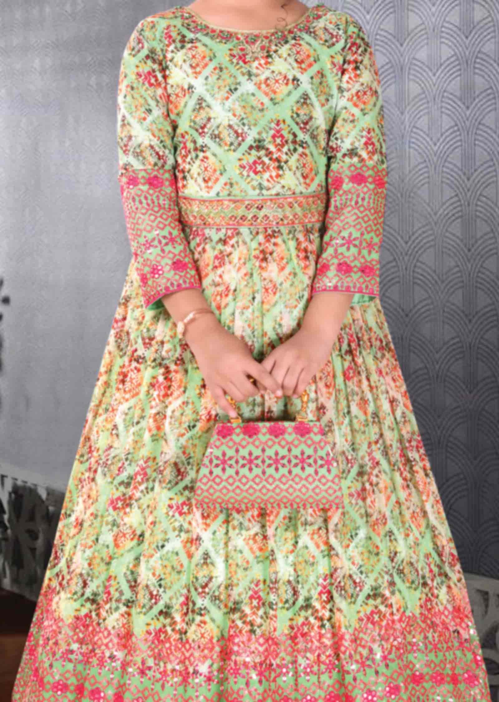 Light Green Chiffon Zardosi & Embroidered Kids Gown