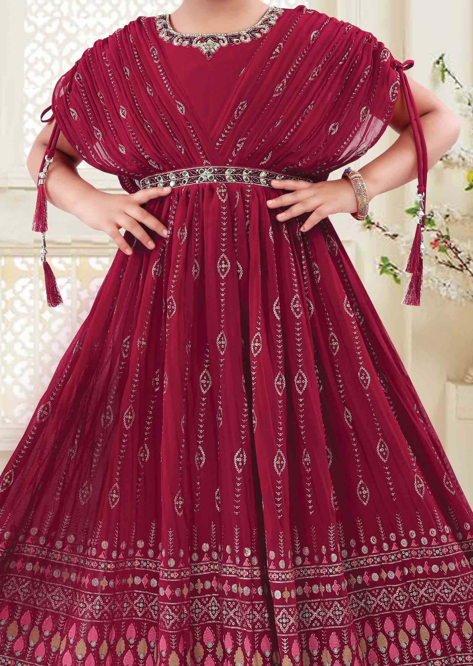 Reddish Pink Georgette Zardosi & Embroidered Kids Gown