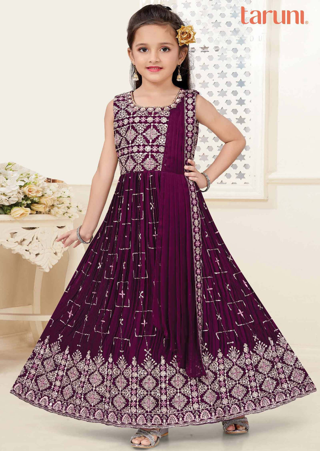 Dark Magenta Georgette Gota Work Kids Gown