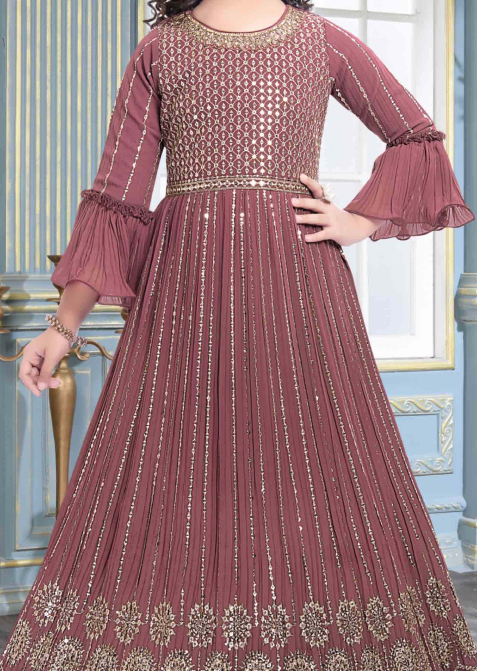 Mouve Pink Georgette Embroidered Kids Gown