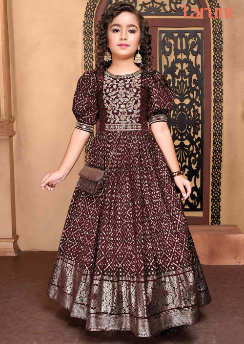 Dark Maroon Silk Embroidered Kids Gown