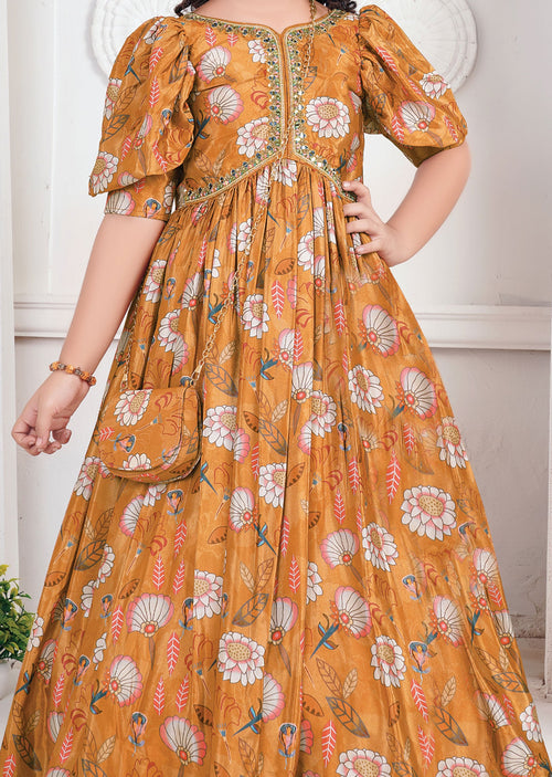 Dark Beige Muslin Kids Alia Cut Gown