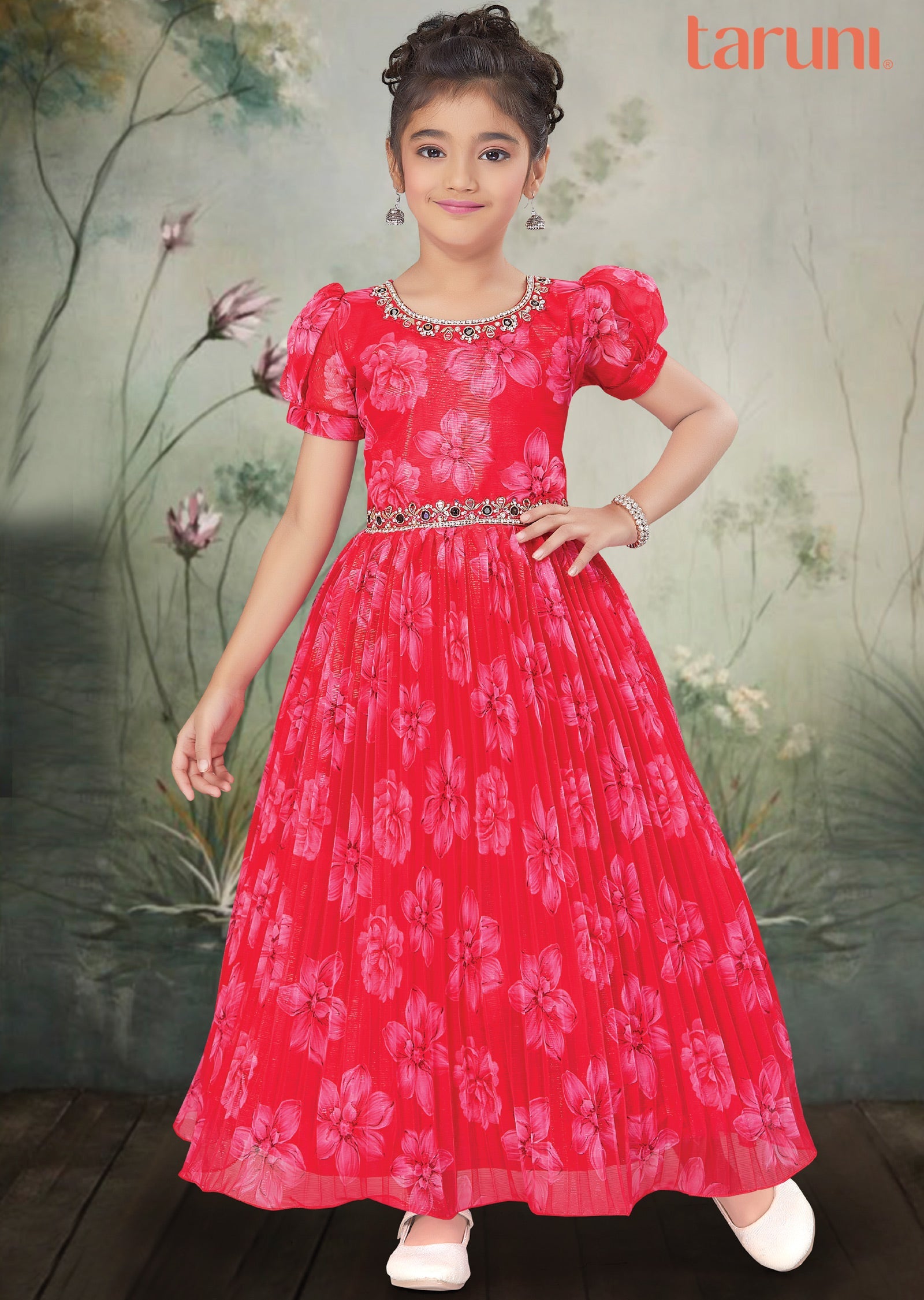 Pink Chiffon Gown for Kids with Mirror Work