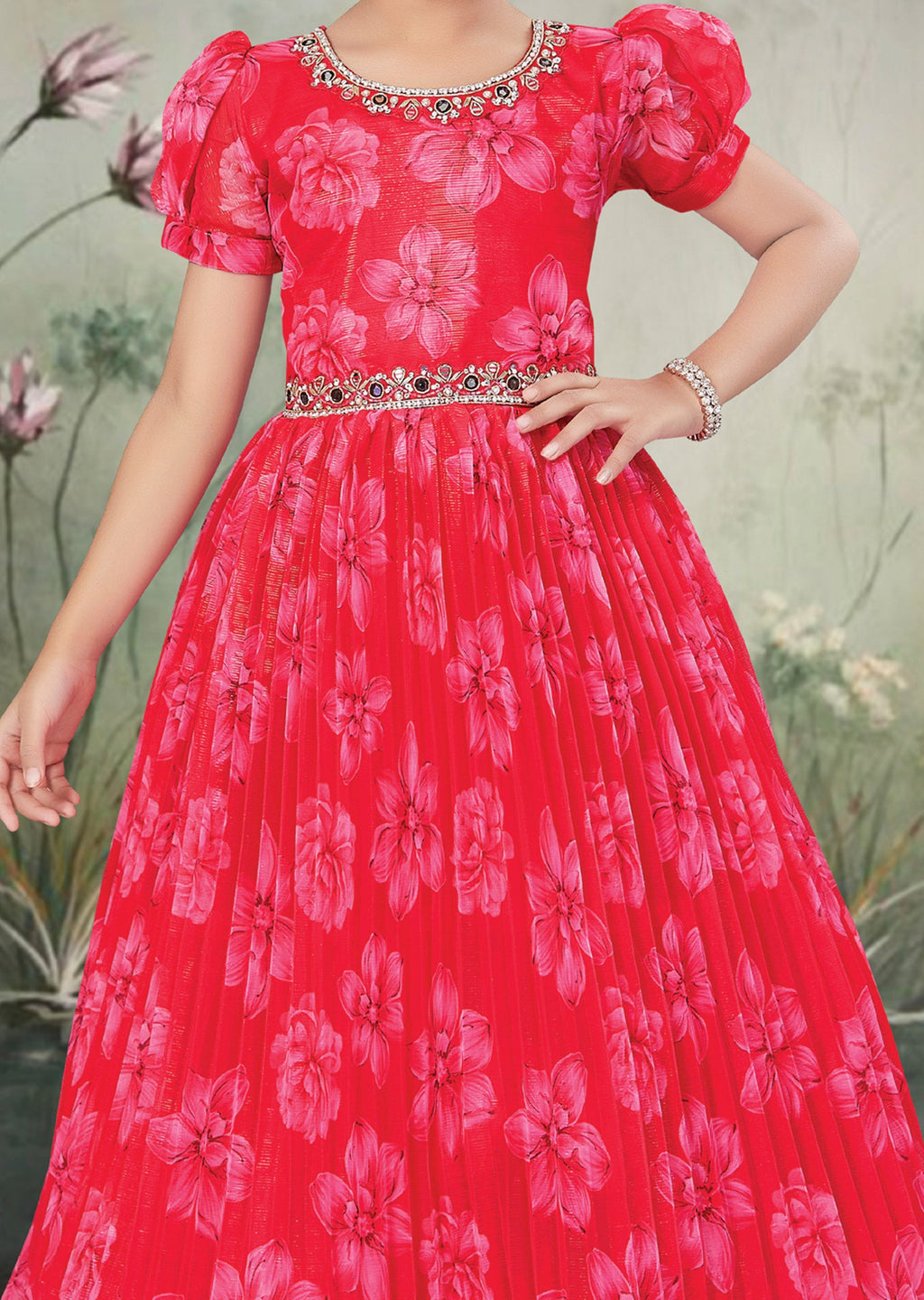Pink Chiffon Gown for Kids with Mirror Work