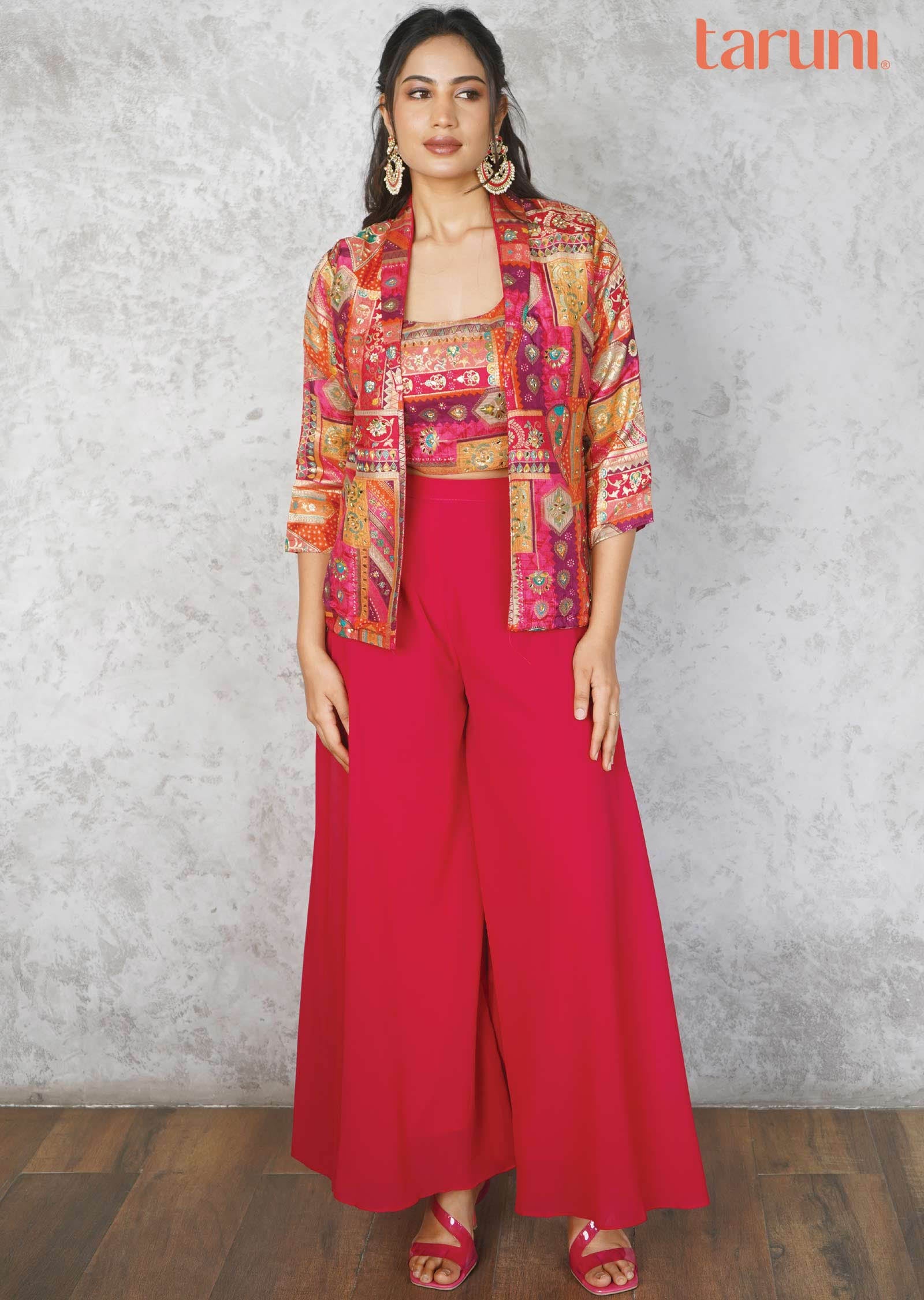Pink Banaras/Georgette Beaded Fusion/Indo-Western Set
