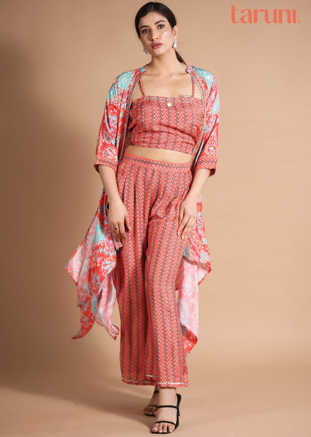Coral & Sea Green Muslin Fusion/Indo-Western