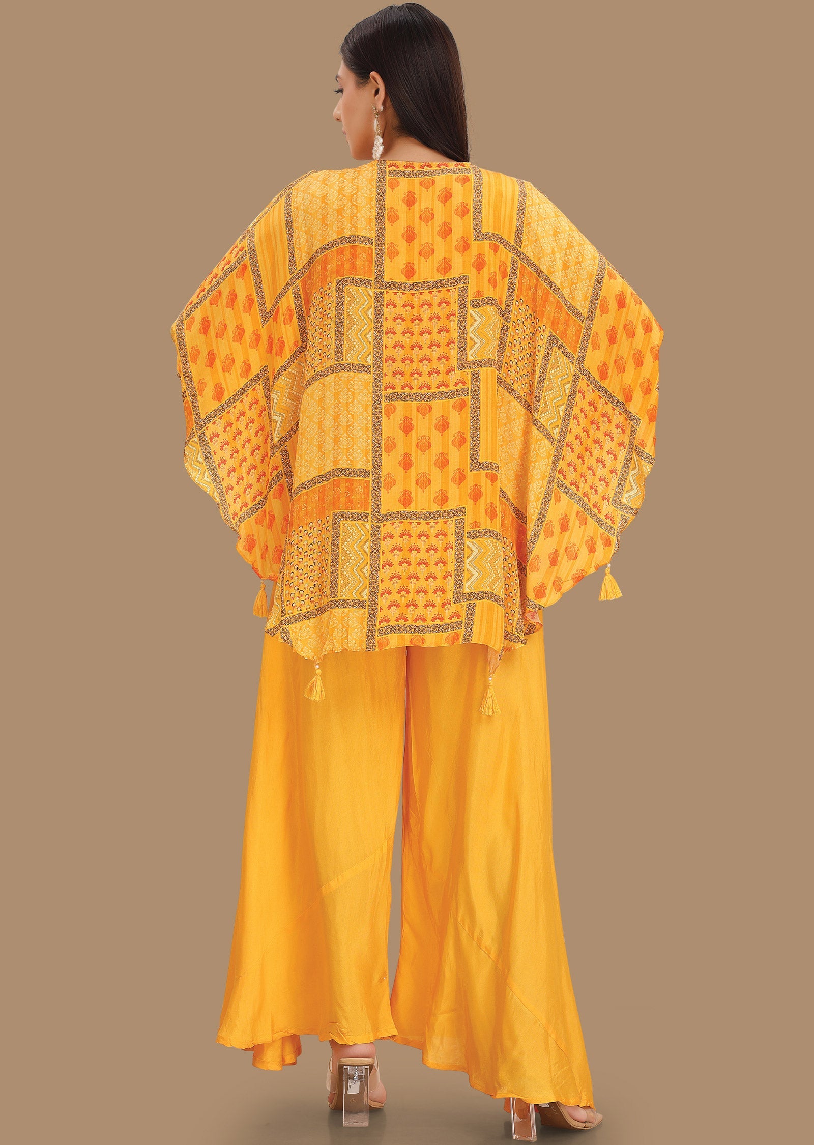 Yellow Crepe Fusion Indo-Western Kaftan Top and Palazzo Set